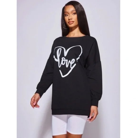 Black Love Print Long Sleeve Loose Fit Oversized Sweatshirt Top - Picture 7 of 10